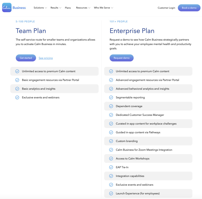 Calm app business plans team entreprise