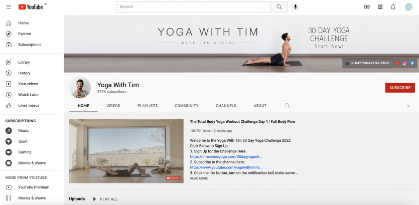 Yoga with tim youtube channel