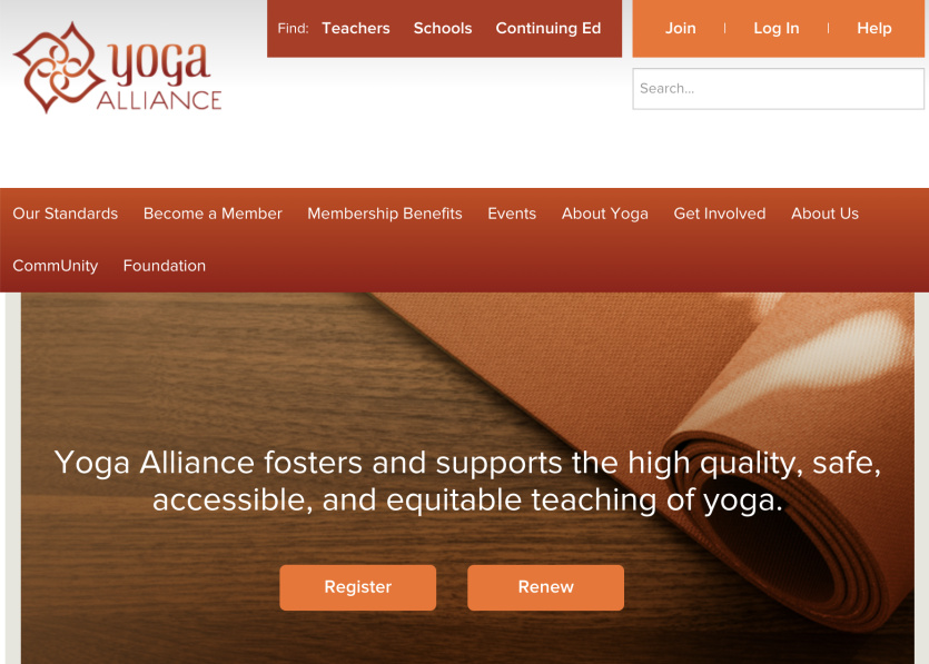yoga alliance home page screenshot